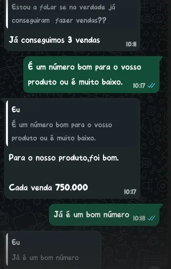 Conversa de WhatsApp de cliente confirmando 3 vendas